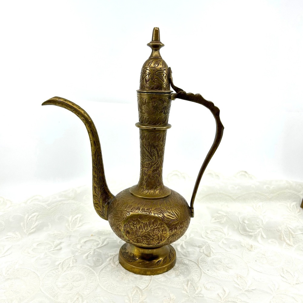 Vintage Solid Brass Etched India Pitcher Genie Bottle Ewer Decorative Accent